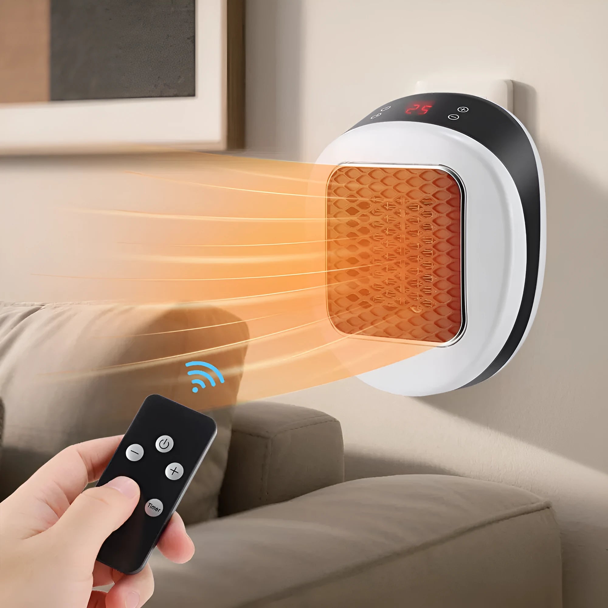 White ceramic electric heater with remote control on a table, dual voltage for EU and US plugs.