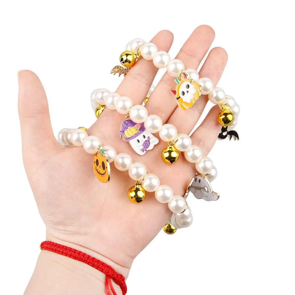 Halloween pet collar decoration with simulated pearl necklace design in purple ghost pumpkin pattern
