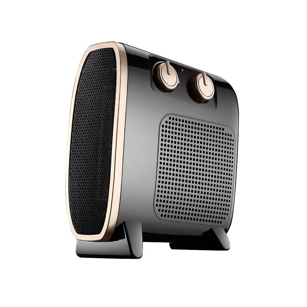 White electric fan heater with mechanical control dials on a dark background.