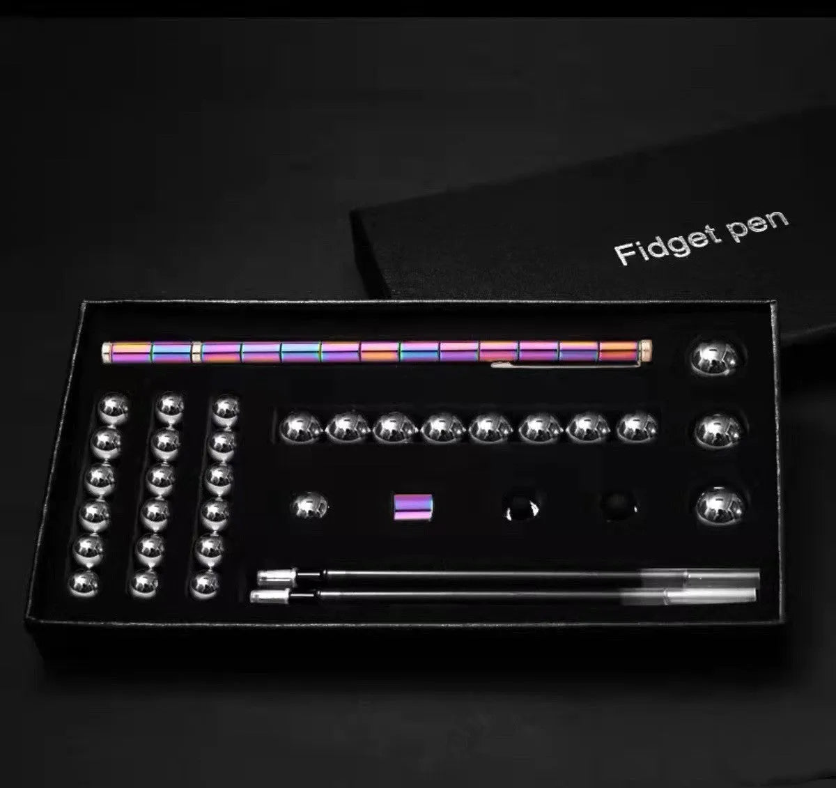 Magnetic modular pen set in silver iron box with 13 rings, 12 balls, 3 refills, 2 capacitor heads, and upgraded magnets