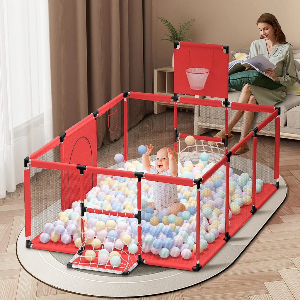 Large blue children's playpen tent with stainless steel frame and Oxford cloth walls set up indoors.
