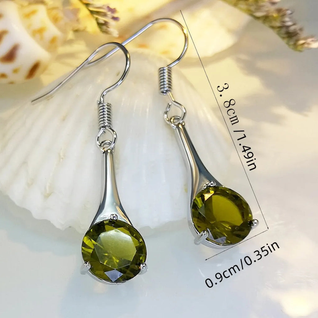 Olive green topaz drop earrings with water drop shape and minimalist retro design