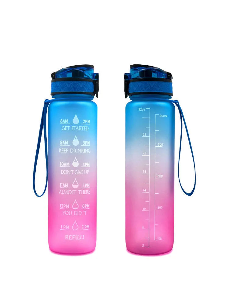 Clear 1000ml Tritan sports water bottle with infuser inside, showing measurement scale.