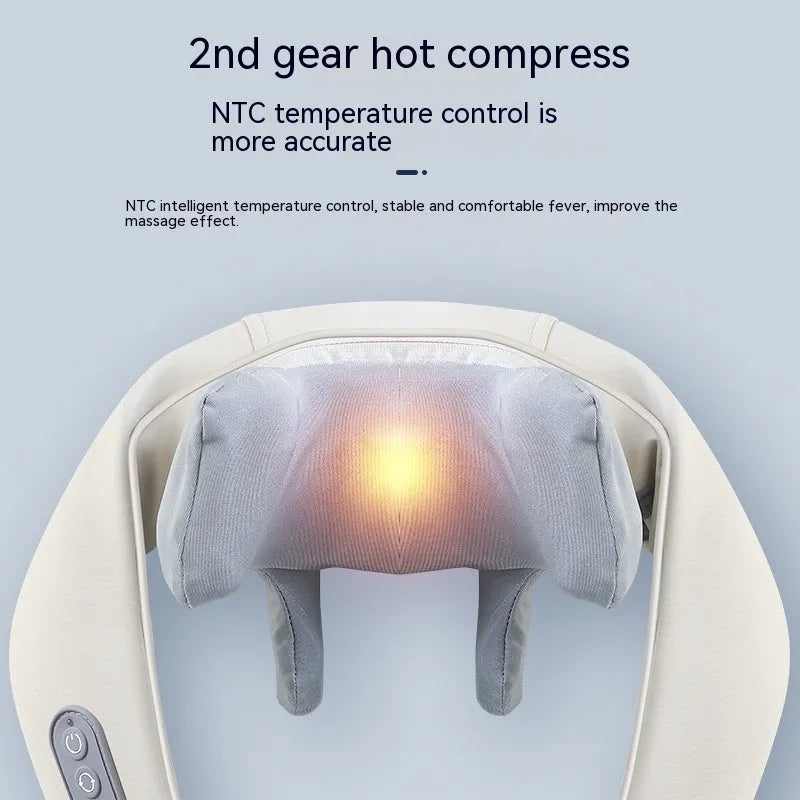 Beige neck massager with six massage nodes and hot compress function on a chair