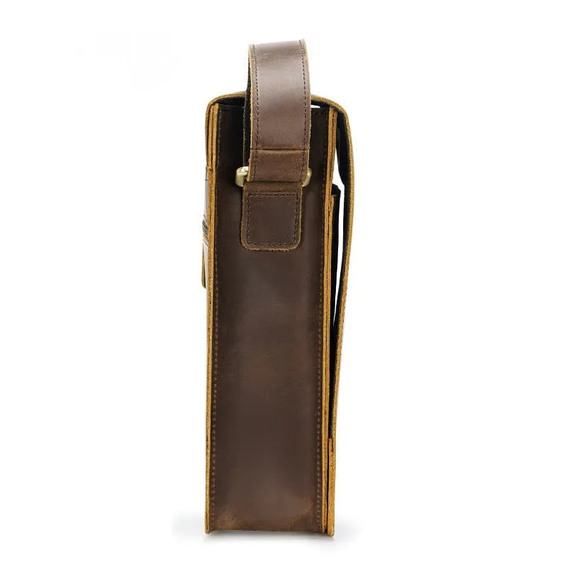 Vintage brown genuine leather crossbody bag for men with top grain finish and geometric pattern