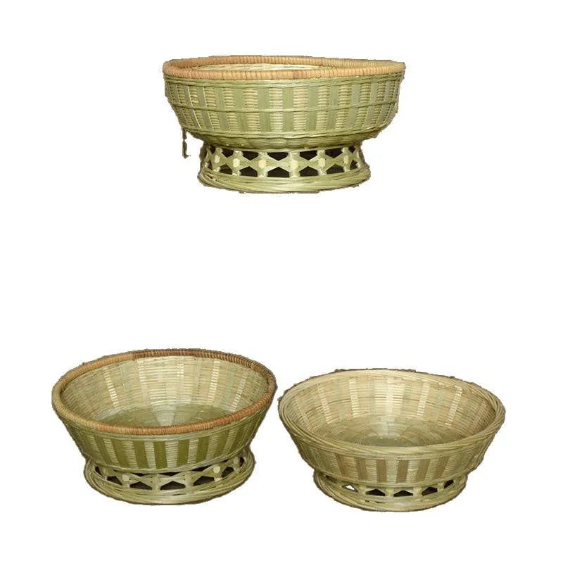 Handmade natural bamboo storage basket with open weave design in three size variations