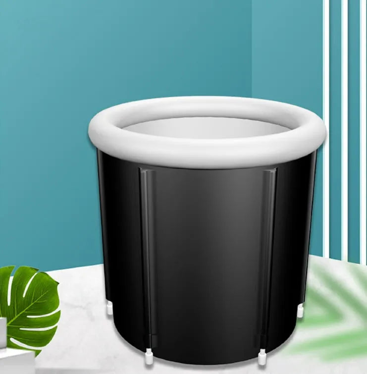 Black inflatable portable ice bath tub with weather lid and accessories for cold water therapy