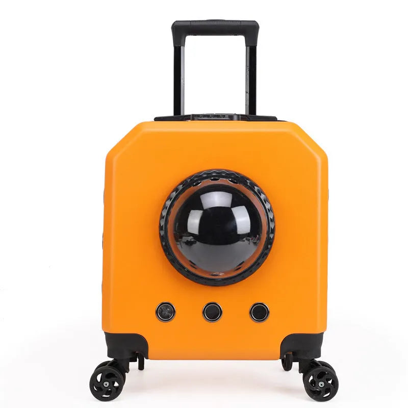 Hard-shell pet flight case with trolley wheels in burgundy colour