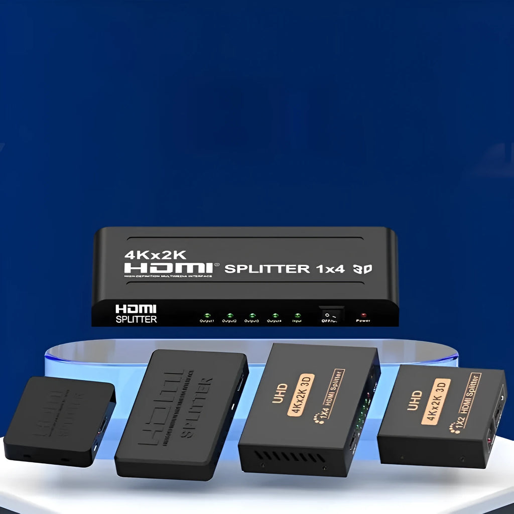 4K HDMI one-to-two splitter distributor with multiple power interface options showing front and rear connections