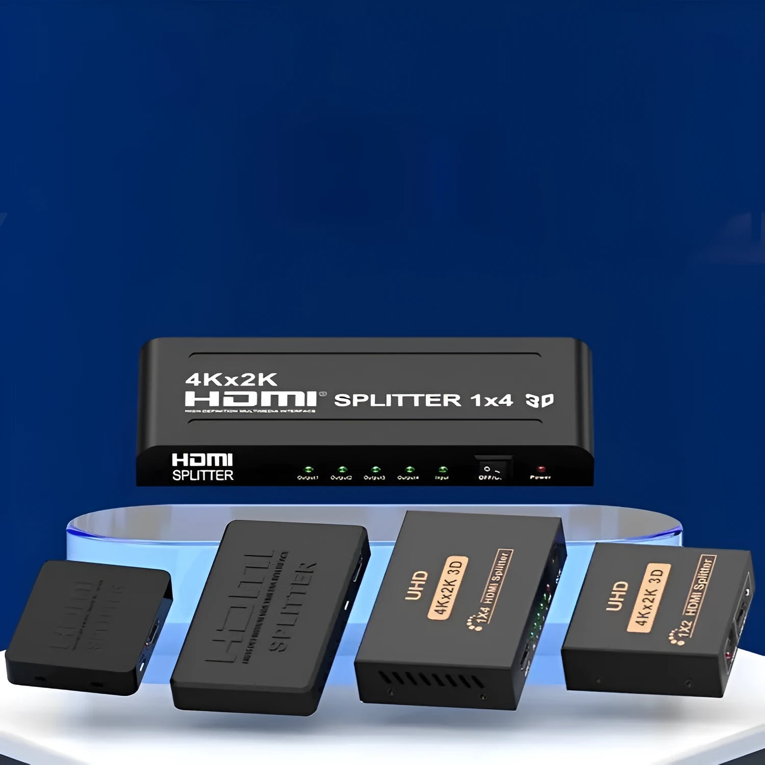 4K HDMI one-to-two splitter distributor with multiple power interface options showing front and rear connections