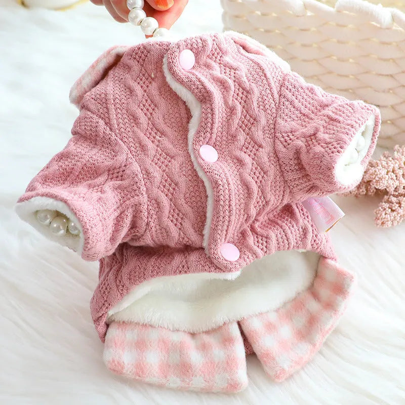 Blue plaid fleece-lined dog sweater with fake two-piece design on small dog