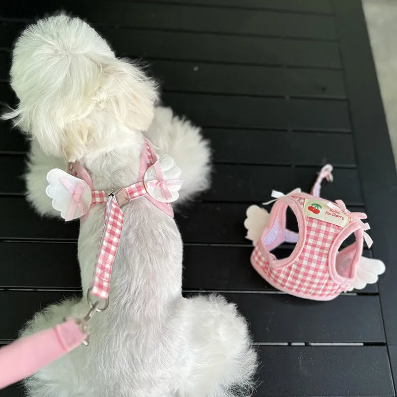 Pink and black cotton dog lead with chest and back design and a hand-holding rope for small dogs.
