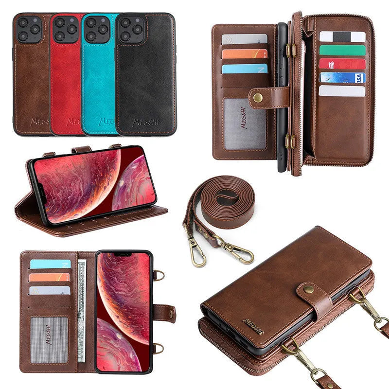 Black leather-style flip phone case with a detachable wallet compartment open, showing card slots.