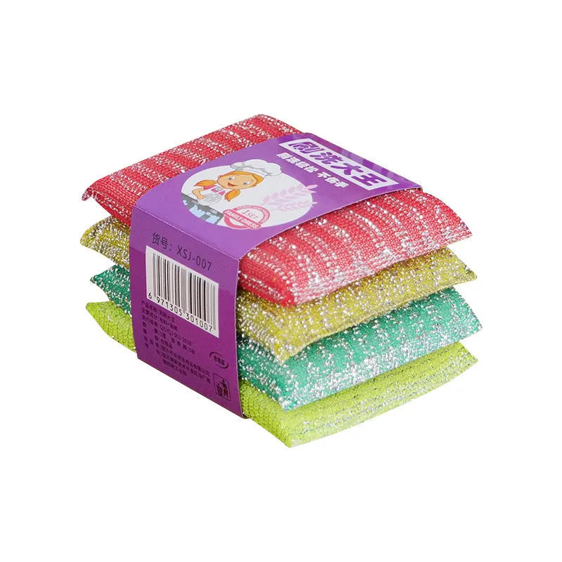 Pinstripe fabric dishwashing sponge mop in macaron colours shown on a kitchen counter.