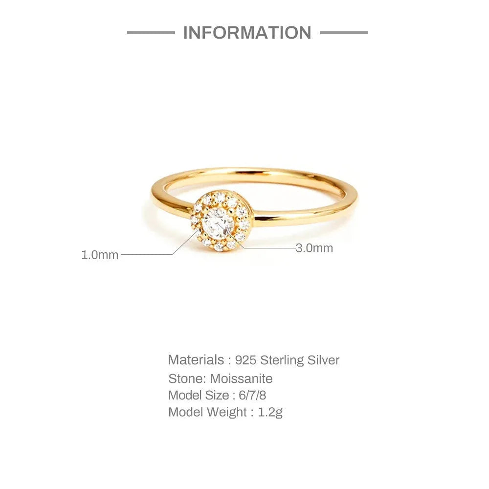 18K gold plated silver ring with round moissanite stone in geometric rounded-corner design, available in sizes No 5 to No 8