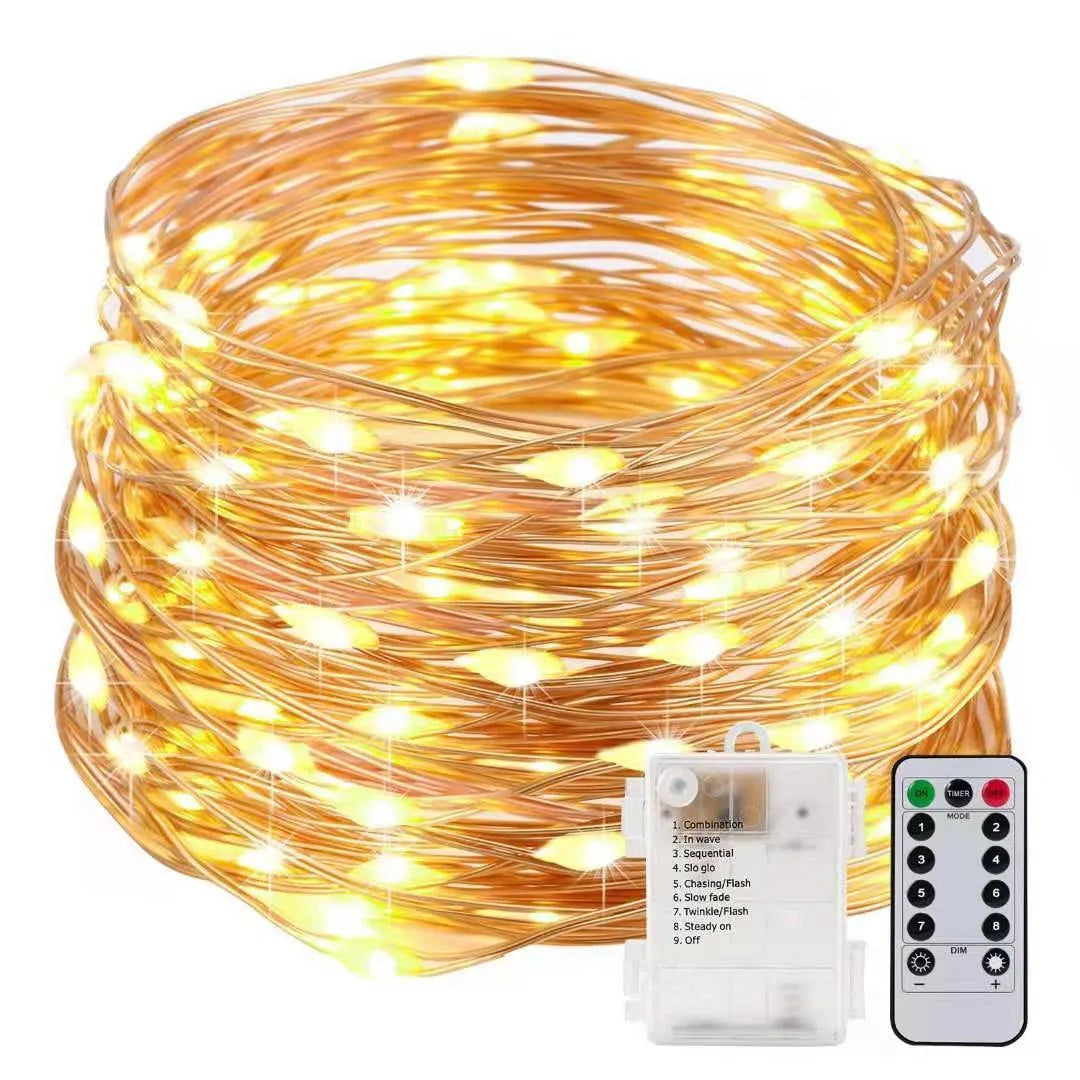 Copper wire decorative string light with 120 bulbs on a 12-metre cable, showing battery box and colour options.