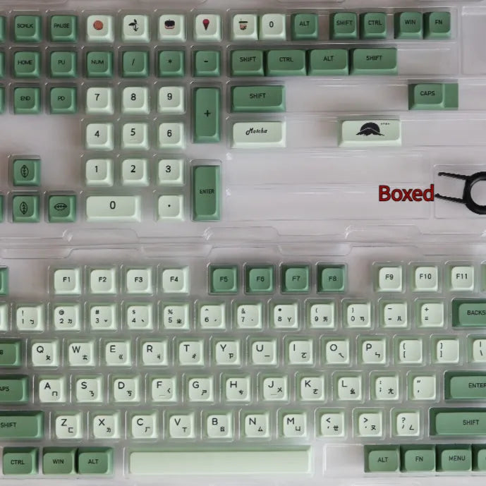 124-key Matcha green PBT keycap set for a mechanical keyboard, showing multiple language layout options.