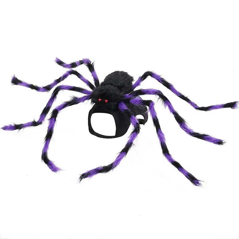 Grey and black spider Halloween costume on a dog showing back covering and adjustable leg straps.