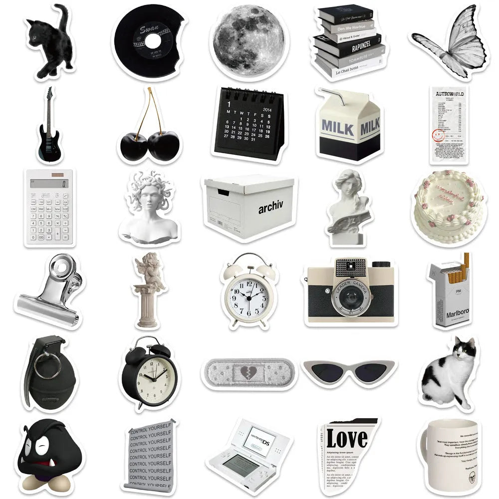 61-piece black and white PVC waterproof sticker pack for laptops and coffee cups