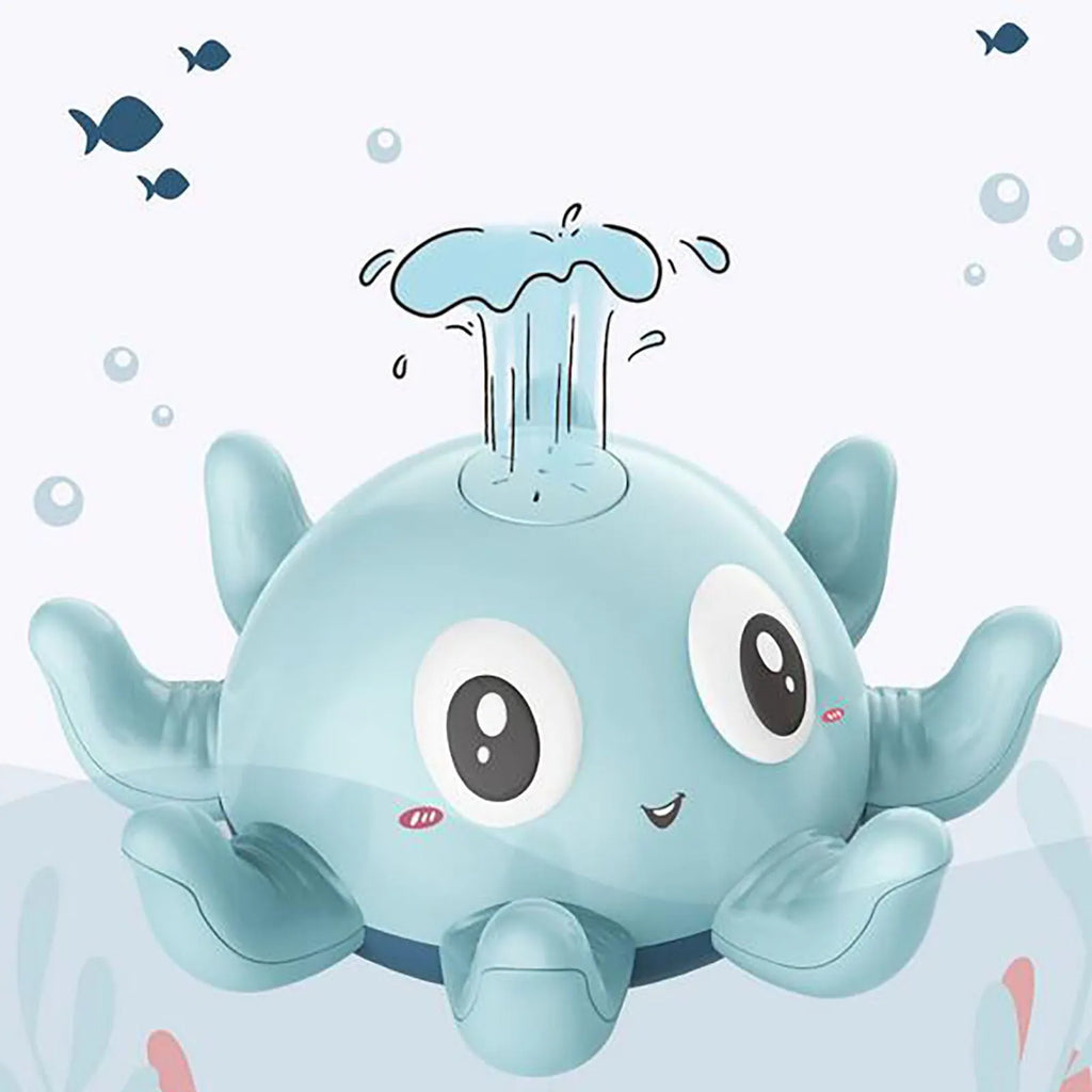 Blue automatic water spray bath toy with flashing lights for children's bath time