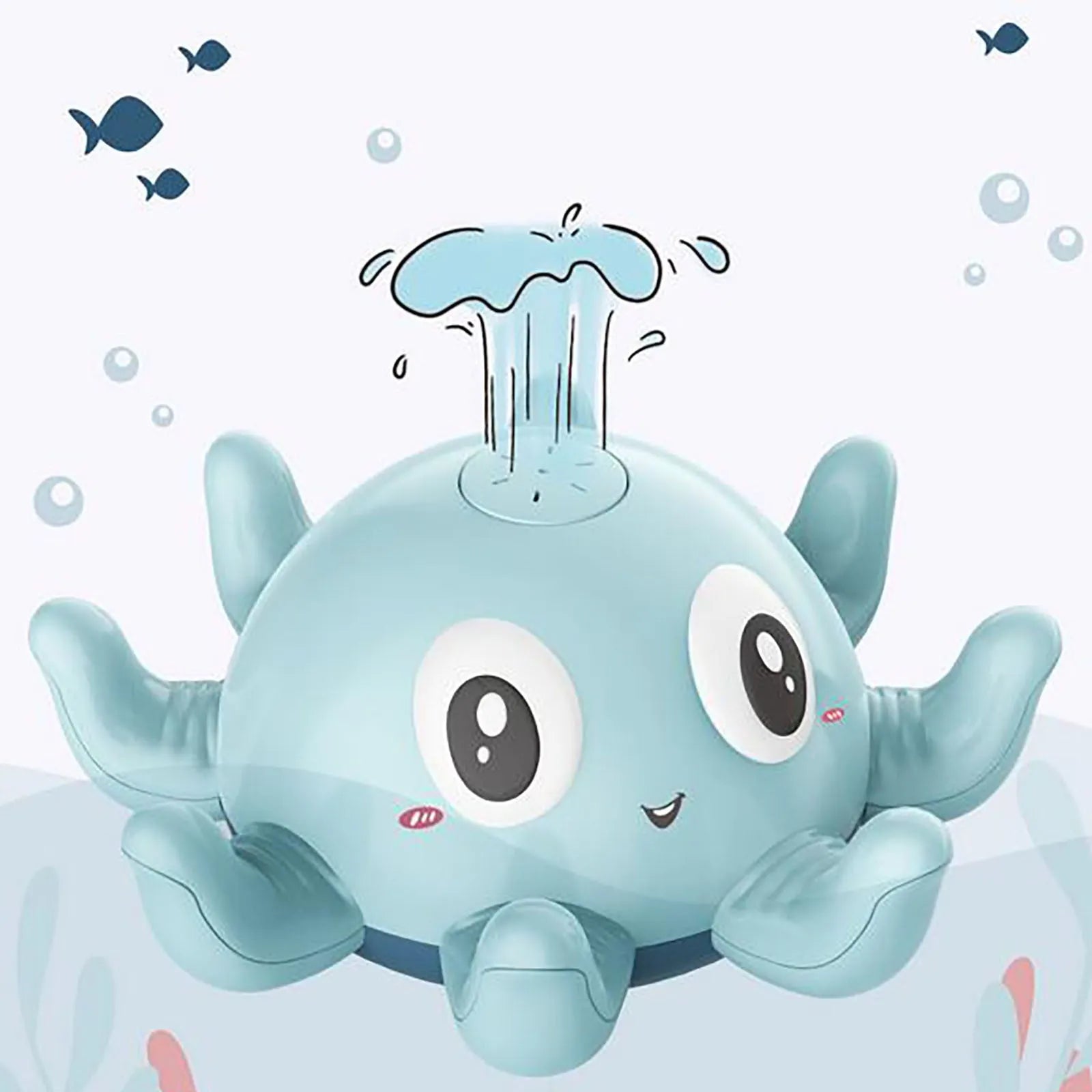 Blue automatic water spray bath toy with flashing lights for children's bath time