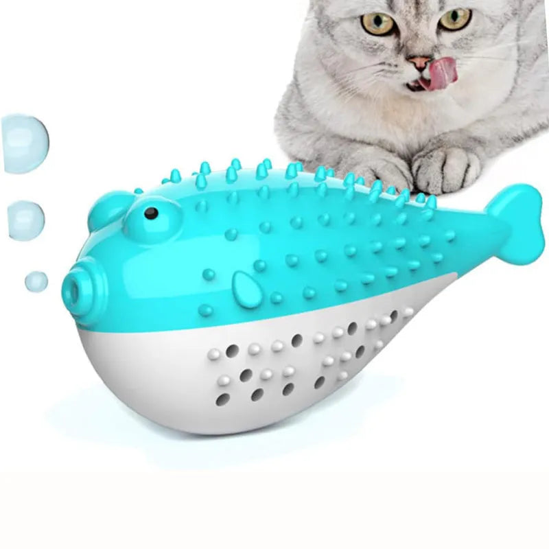 Silicone fish-shaped cat chew toy for grabbing and chewing, measuring 12.2cm long, in blue, green, pink or yellow