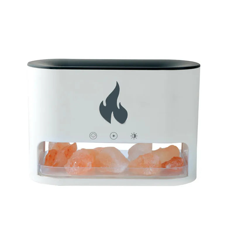 Square white desktop humidifier with colourful flame lighting effect and USB cable