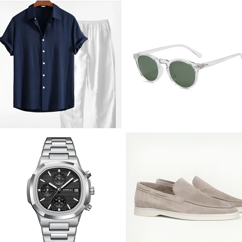 Casual loose short sleeve suit in cotton linen blend, shown in navy blue, with half sleeves and matching trousers.