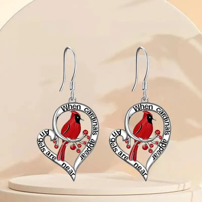 Silver alloy earrings with red love bird and water droplet design