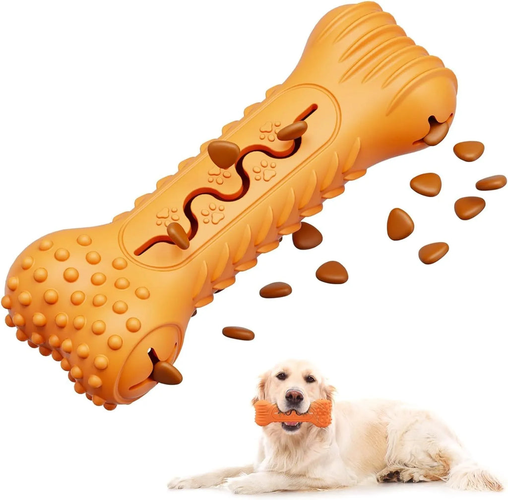 Blue, green and orange natural rubber bone-shaped dog chew toy for aggressive chewers