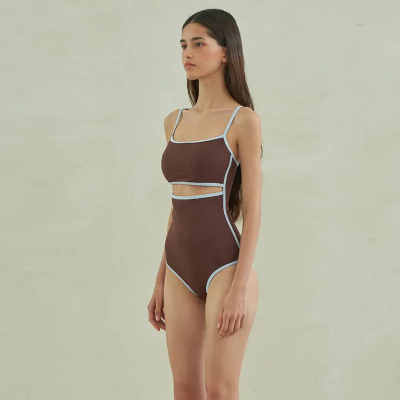Brown women's triangle one-piece swimsuit with sexy pattern style