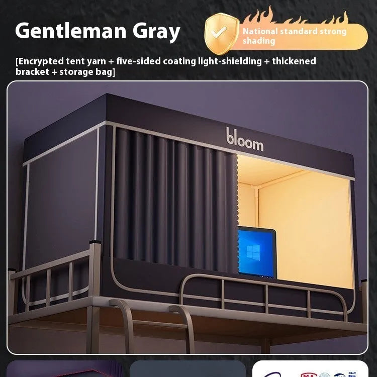 Grey bed curtains with integrated mosquito net for 0.9 metre bed with wall-fixing bracket