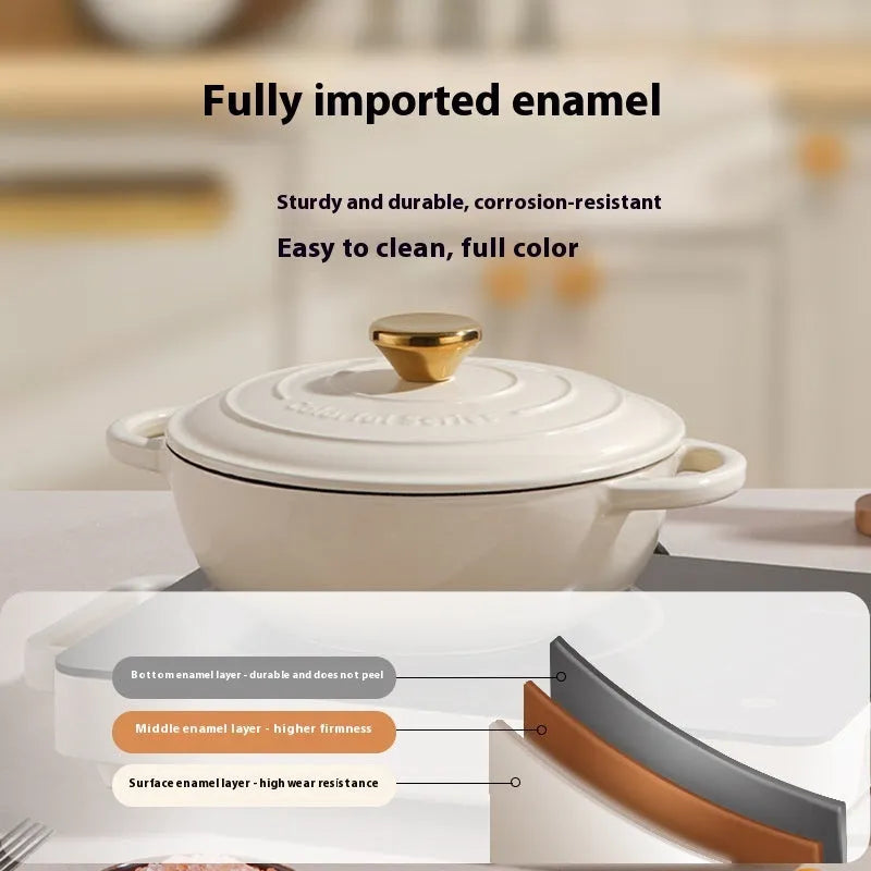 Cream white cast iron soup stew pot with cast iron lid and enamel finish, 24cm diameter