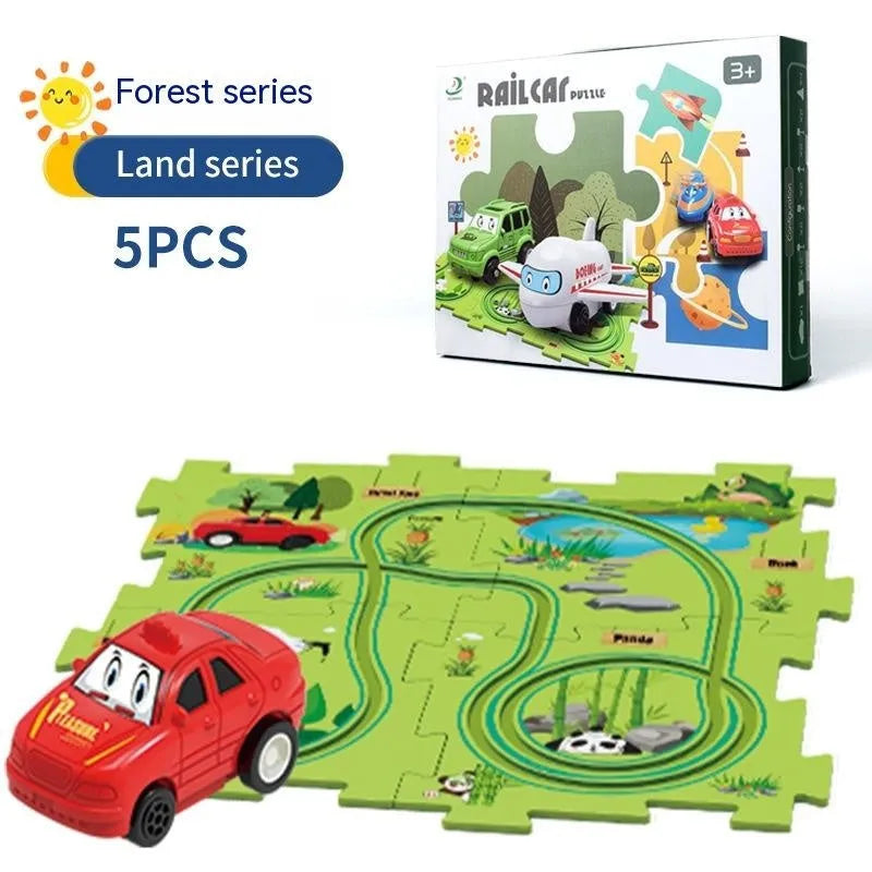Children puzzle electric railroad speeder with DIY assembly track and automatic car, dinosaur theme