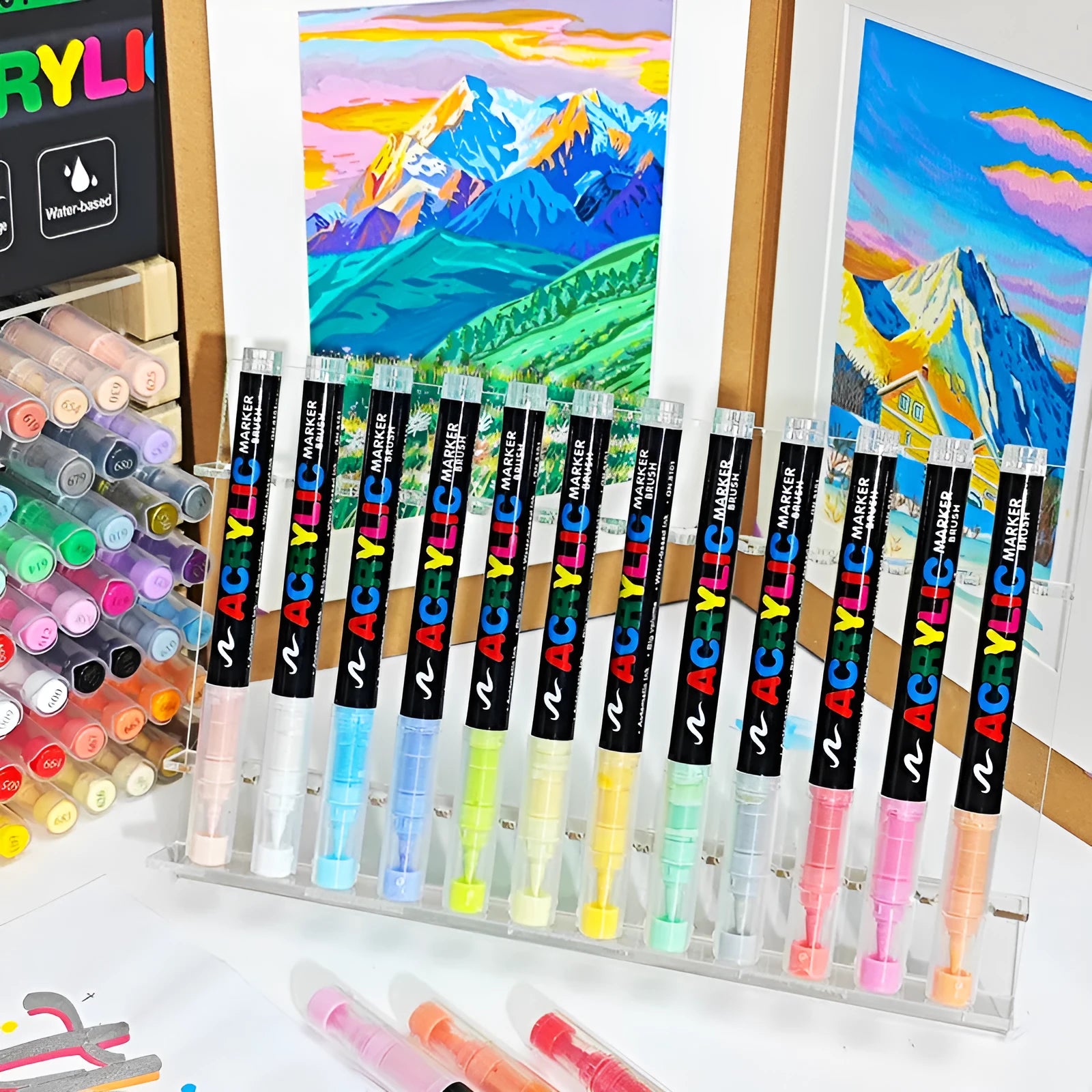 Set of straight liquid acrylic marker pens with soft felt tips, arranged by colour.