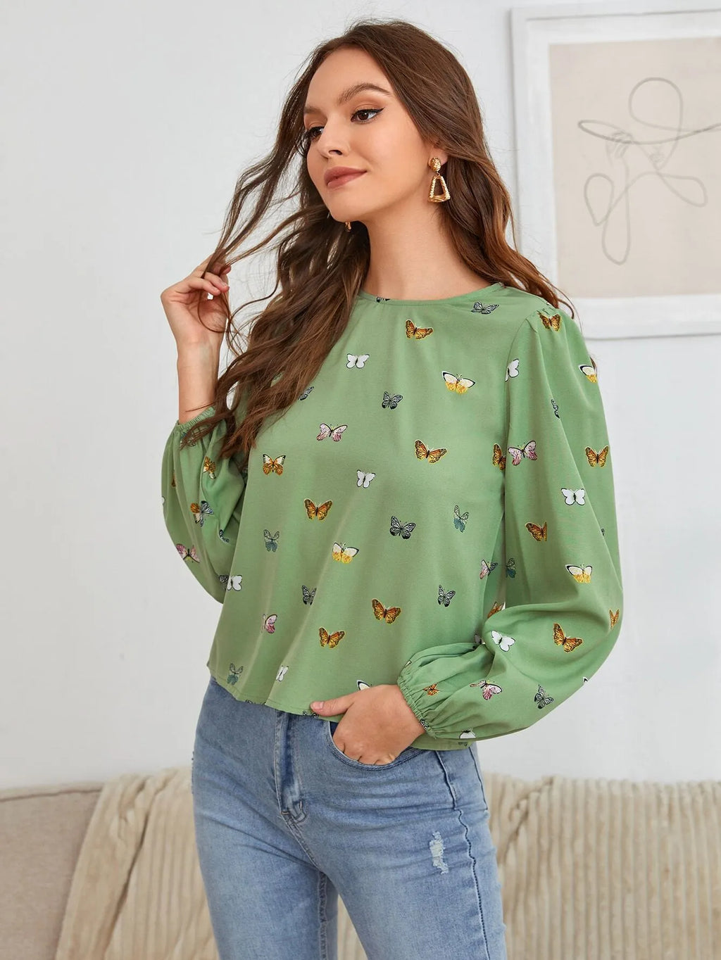 Women's green butterfly print long-sleeved loose fit shirt