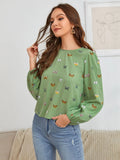 Women's green butterfly print long-sleeved loose fit shirt