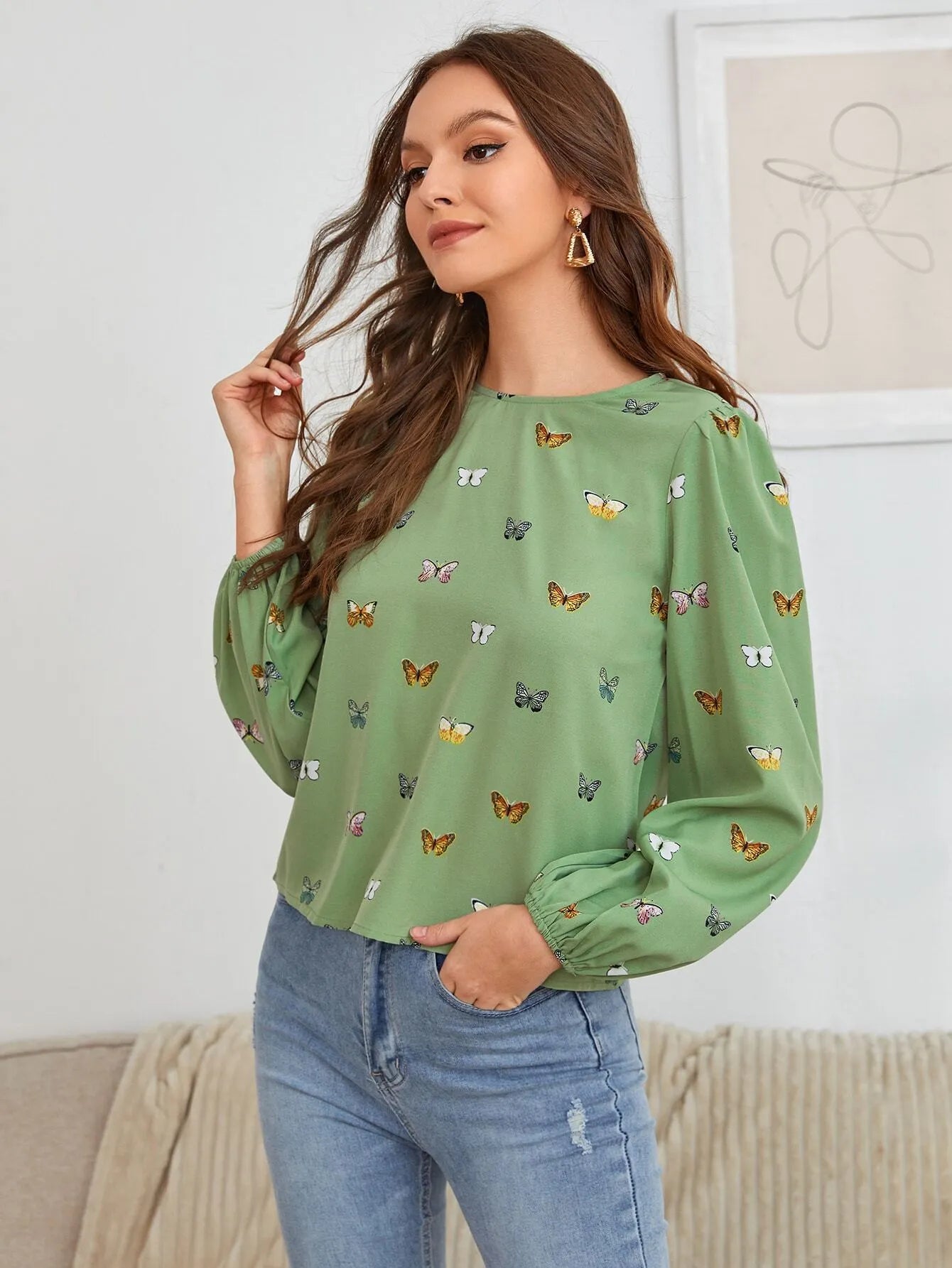 Women's green butterfly print long-sleeved loose fit shirt