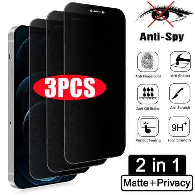 Anti-peeping tempered glass full screen protector for iPhone on a white background.