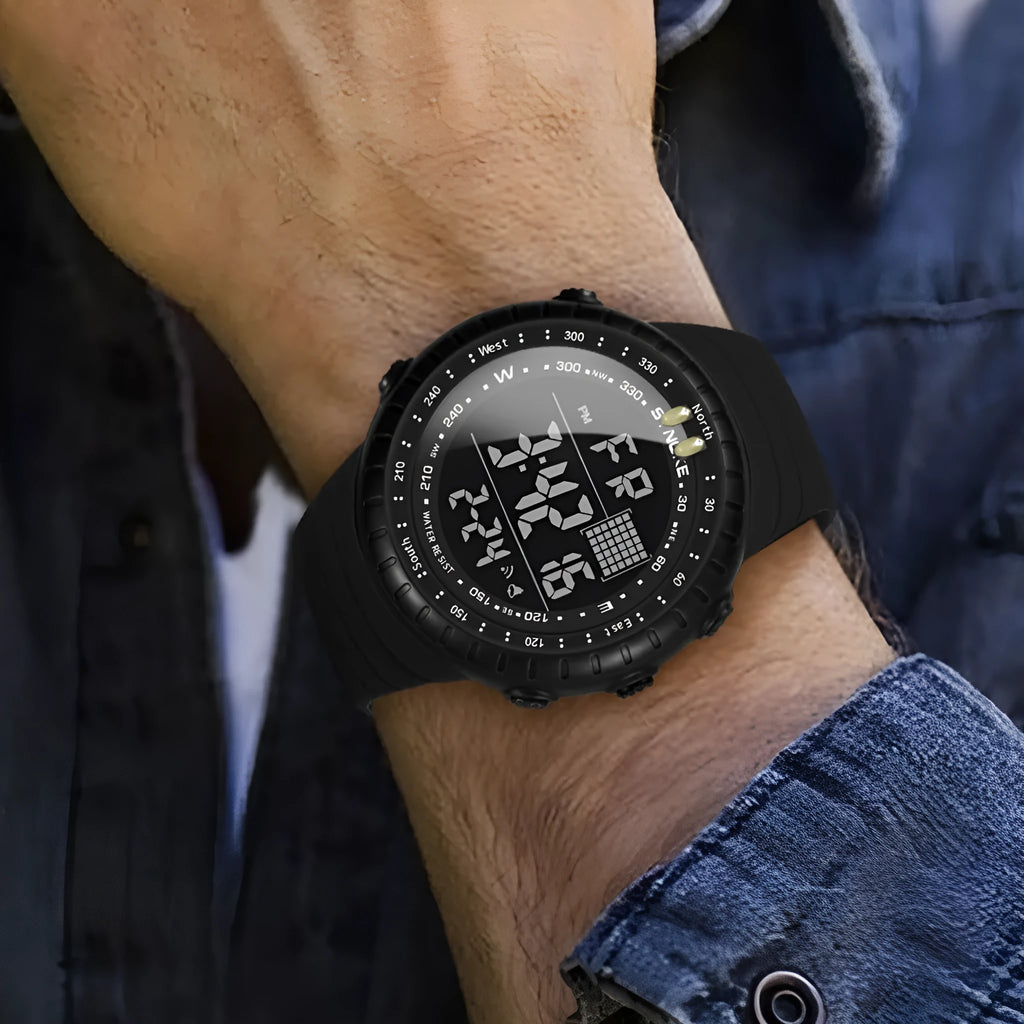 Black men's waterproof outdoor electronic watch with large dial on a PU strap.