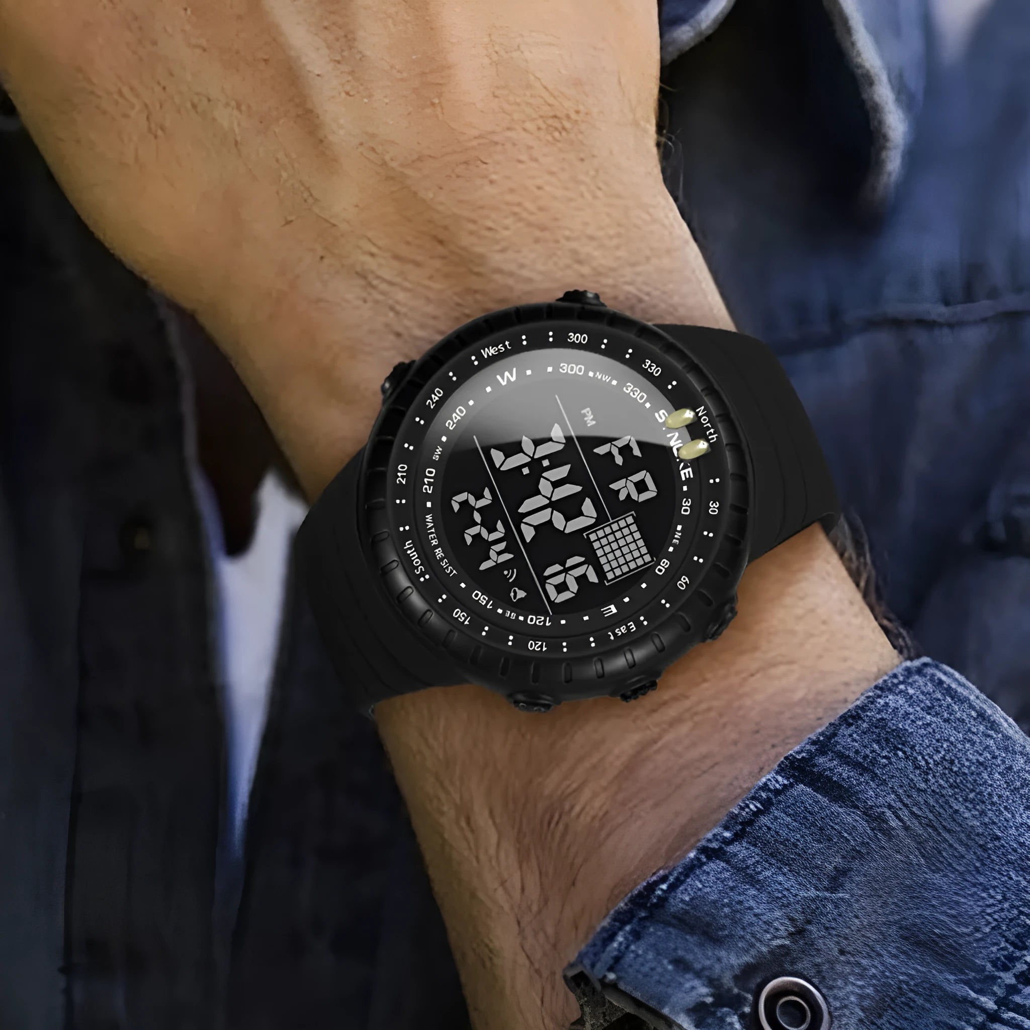 Black men's waterproof outdoor electronic watch with large dial on a PU strap.