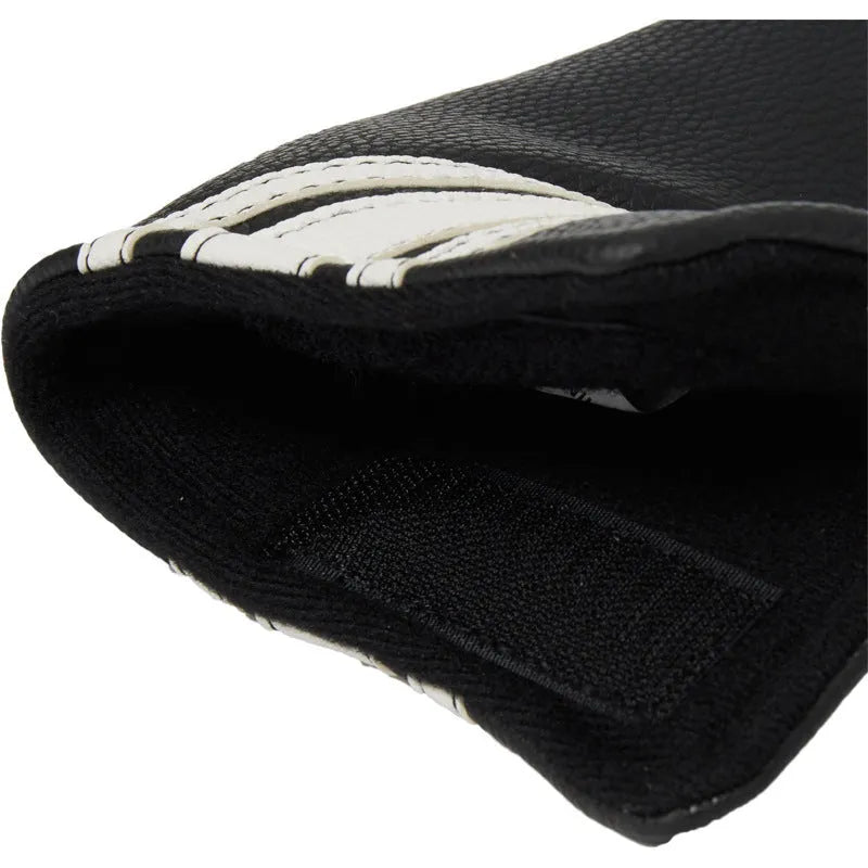 Black PU leather golf push rod sleeve case for storing a club head cover.