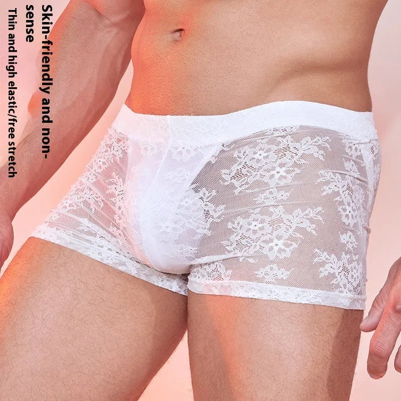Nylon lace men's boxers in black, white, and red colours, free size.