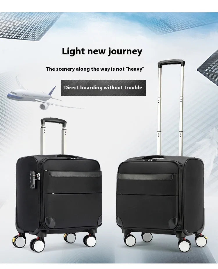 Black 18-inch oxford cloth business luggage suitcase with a retractable handle and wheels.