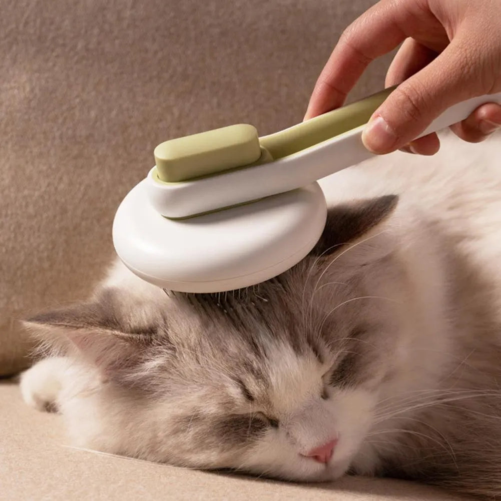 Automatic pet grooming brush with stainless steel pins in blue, green, or pink, showing the handle grip and release button.