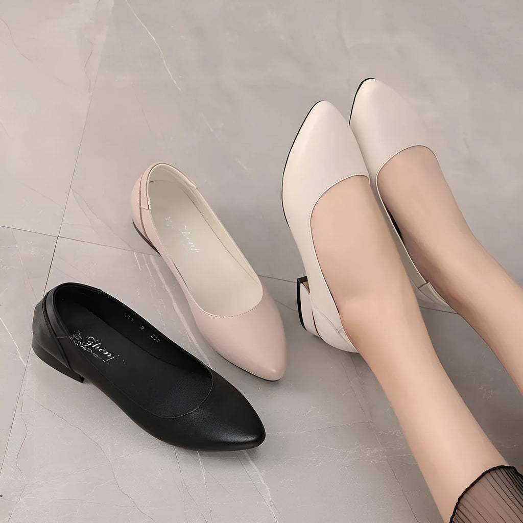 Women's beige cowhide flat pointed shoes with buckle fastening and rubber sole
