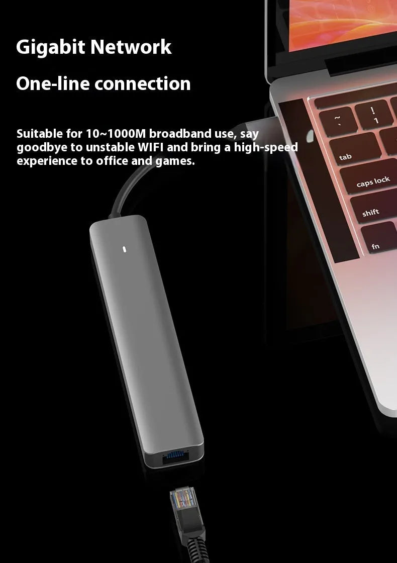 7-in-1 USB-C multi-port hub with SD card slot, microSD slot, three USB ports, and PD charging port.