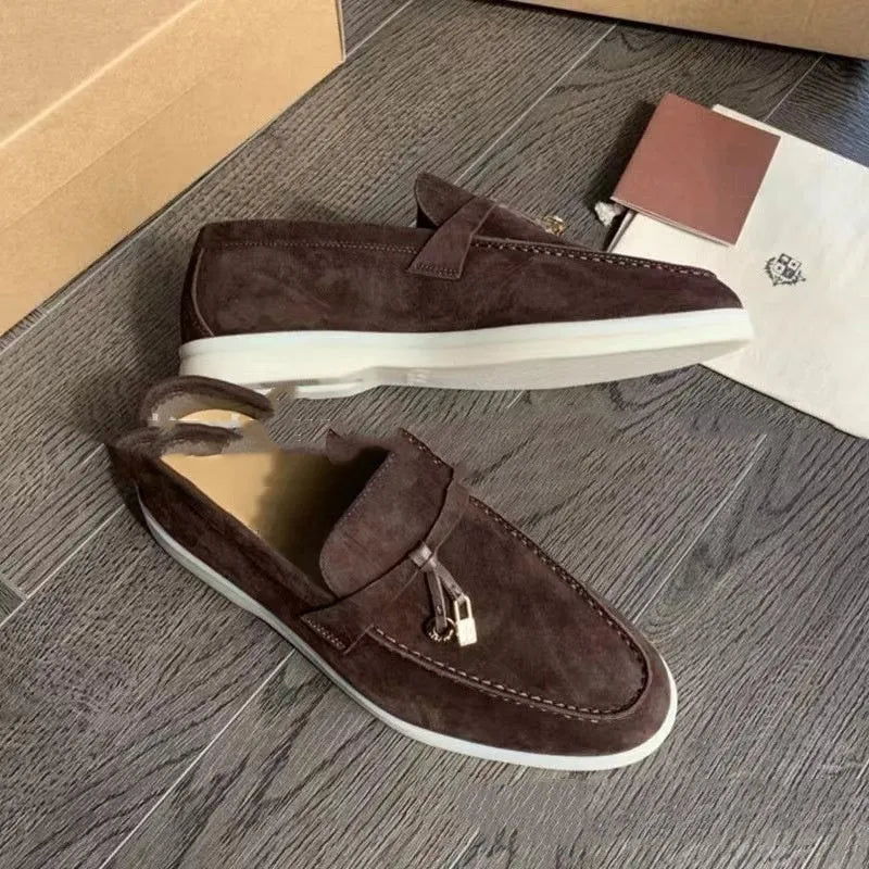 European style gommino slip-on loafers with round toe, high-top design, and decorative sewing lines