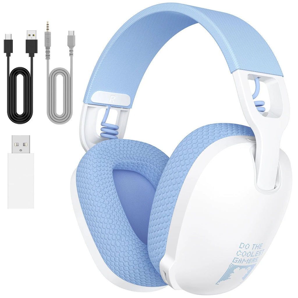Wireless Bluetooth gaming headset with noise reduction in black or white, showing head-mounted design.