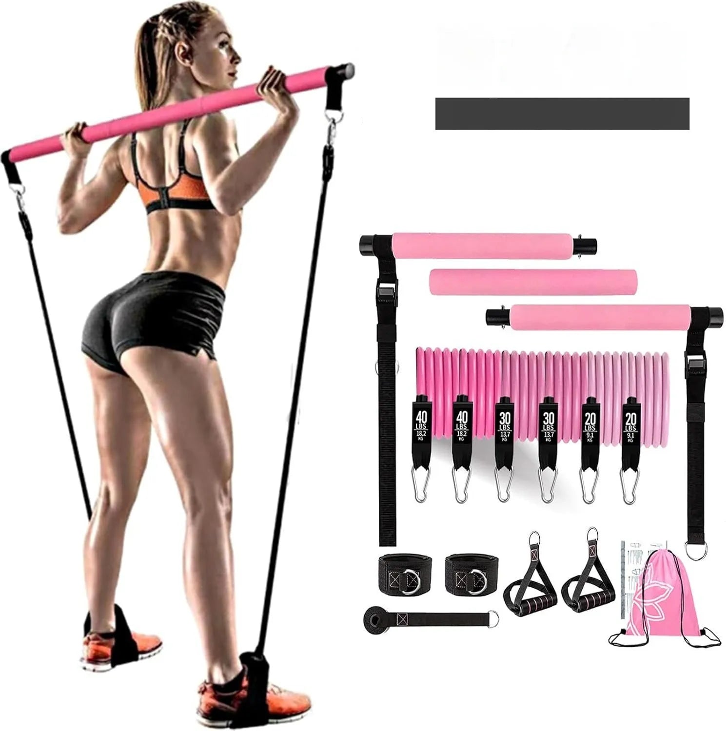 Yoga gymnastic bar resistance band set with 180-pound pull rope in TPE material